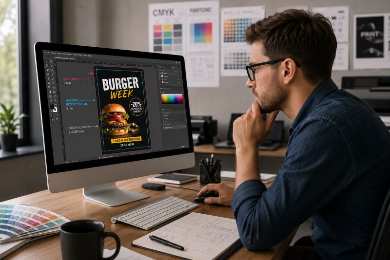 Grafik analizuje projekt na ekranie komputera przed wysyłką pliku do drukarni
