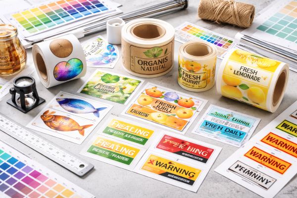 Różnorodne etykiety samoprzylepne ułożone na stole, widok z góry