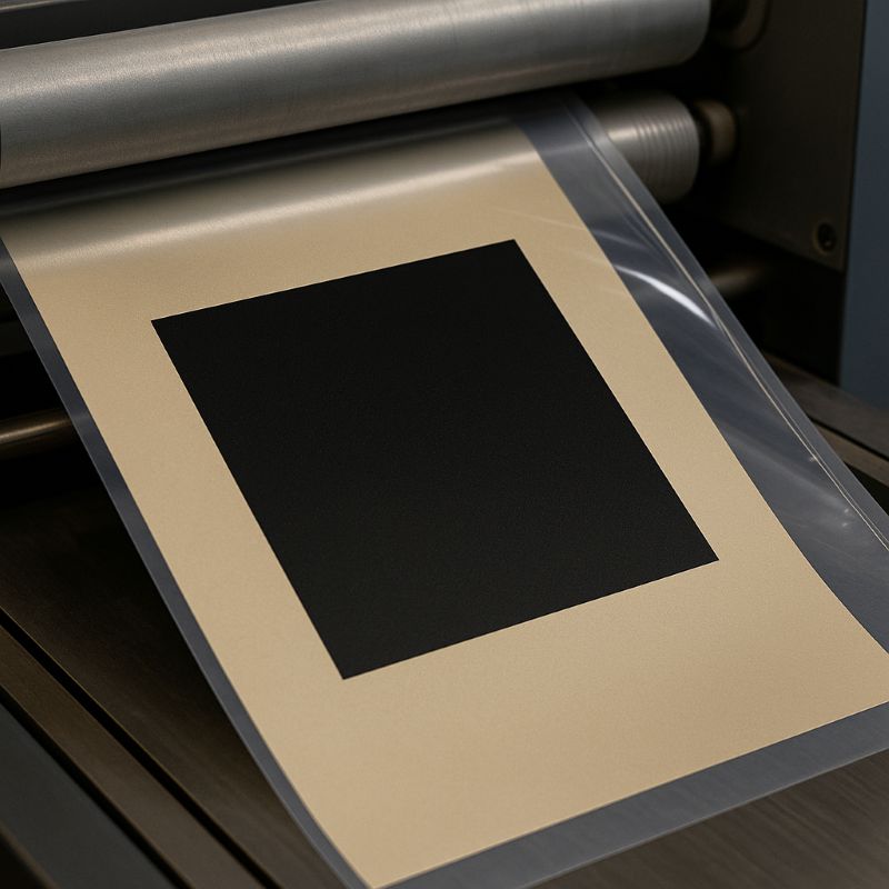 Zbliżenie na proces foliowania druku – przezroczysta folia nakładana na arkusz papieru w maszynie drukarskiej