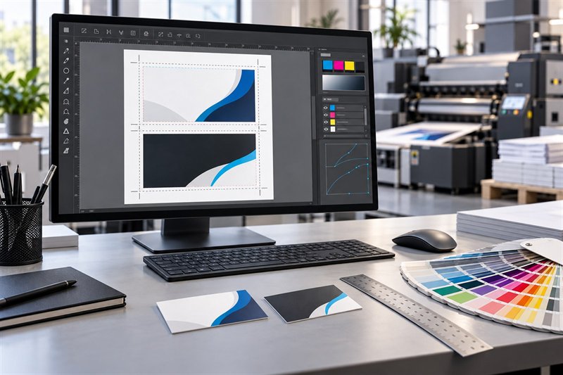 Biurko grafika z monitorem, na którym widać projekt dwóch wizytówek ułożonych obok siebie na białej stronie z przerywaną linią spadu, przed monitorem leżą wydrukowane wizytówki, linijka i paski próbek kolorów, w tle rozmyta drukarnia z maszyną cyfrową