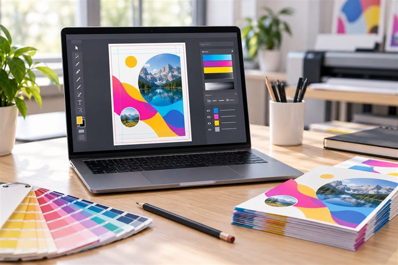 Laptop na jasnym drewnianym biurku z otwartym programem do grafiki wektorowej, na ekranie projekt kolorowej ulotki A5 otoczony czerwoną linią spadu, obok laptopa leżą wydrukowane ulotki, wzornik kolorów CMYK i ołówek, miękkie dzienne światło z okna