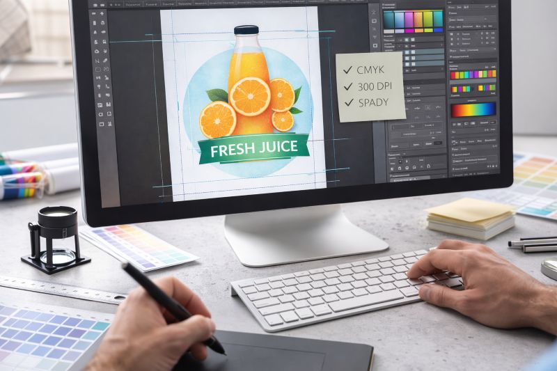 Projekt etykiety otwarty w programie graficznym na ekranie komputera, widoczne warstwy i linie spadu