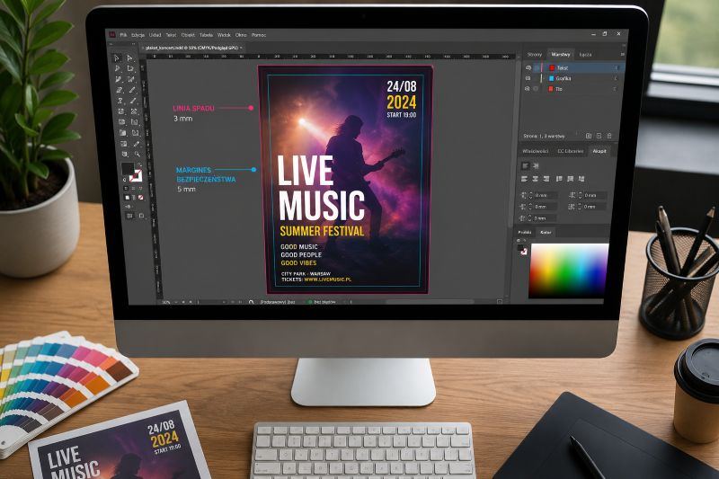 Projekt plakatu otwarty w programie graficznym na ekranie komputera, widoczne linie spadu i marginesy bezpieczeństwa