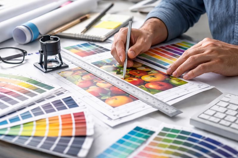 Projekt graficzny otwarty na ekranie komputera przygotowywany do druku