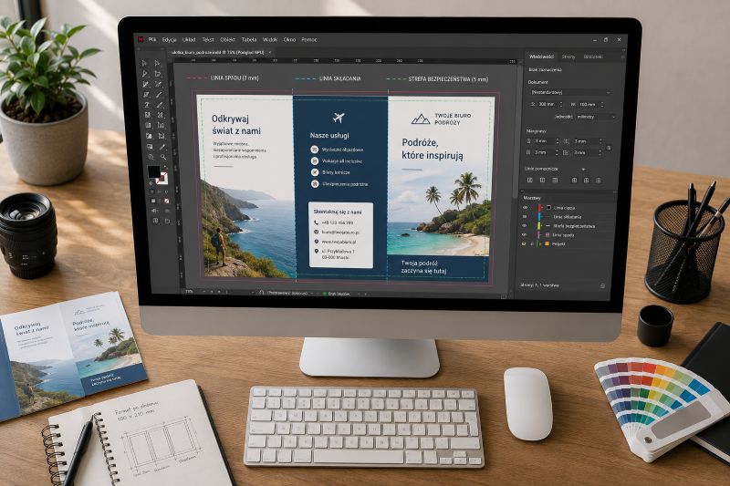 Projekt ulotki reklamowej otwarty w programie graficznym na ekranie komputera z widocznymi liniami spadu i składania
