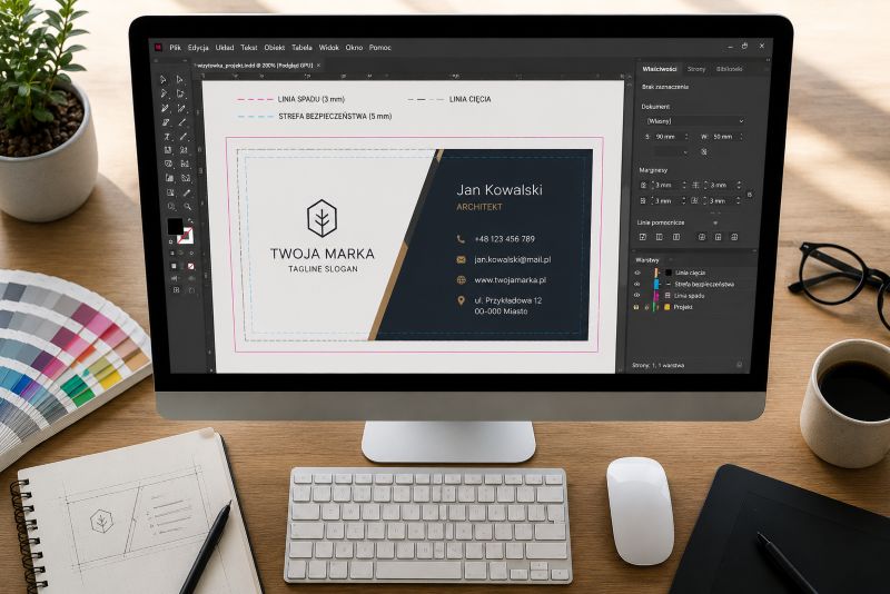 Projekt wizytówki firmowej otwarty w programie graficznym z widocznymi liniami spadu i strefy bezpieczeństwa