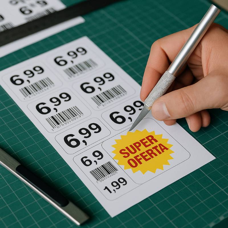 Arkusz etykiet samoprzylepnych z cenami i napisem „Super oferta” cięty nożem introligatorskim na stole w drukarni