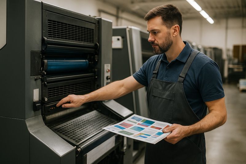 Pracownik drukarni Centropap obsługujący maszynę offsetową i kontrolujący wydrukowane arkusze