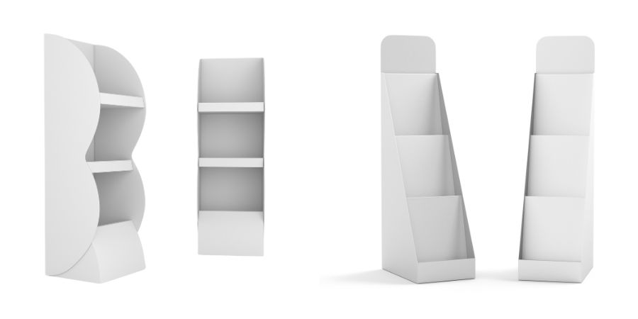 Dwa białe standy, jeden o obłych kształtach, drugi o prostokątnych kształtach