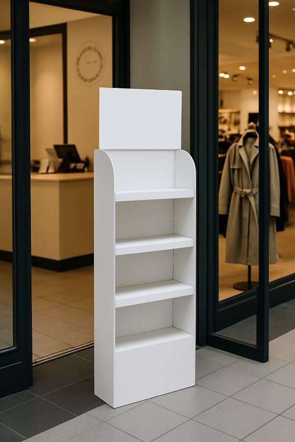 Biały stand reklamowy ustawiony przy wejściu do sklepu, przeznaczony do ekspozycji produktów i materiałów promocyjnych