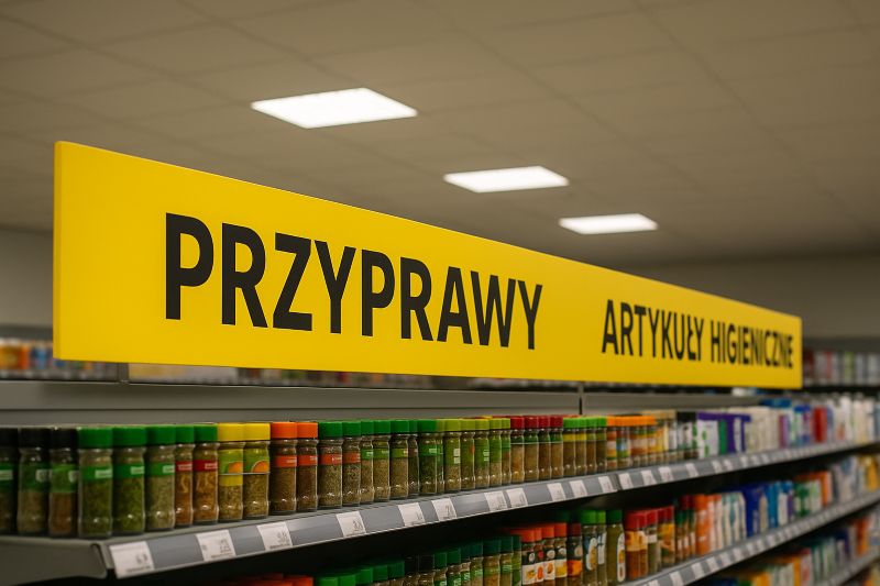 Żółty fryz reklamowy z napisami „PRZYPRAWY” i „ARTYKUŁY HIGIENICZNE” umieszczony wzdłuż półek sklepowych