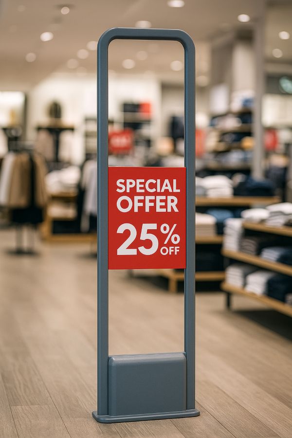 Nakładka reklamowa z komunikatem promocyjnym zamontowana na podłużnej bramce antykradzieżowej w sklepie odzieżowym