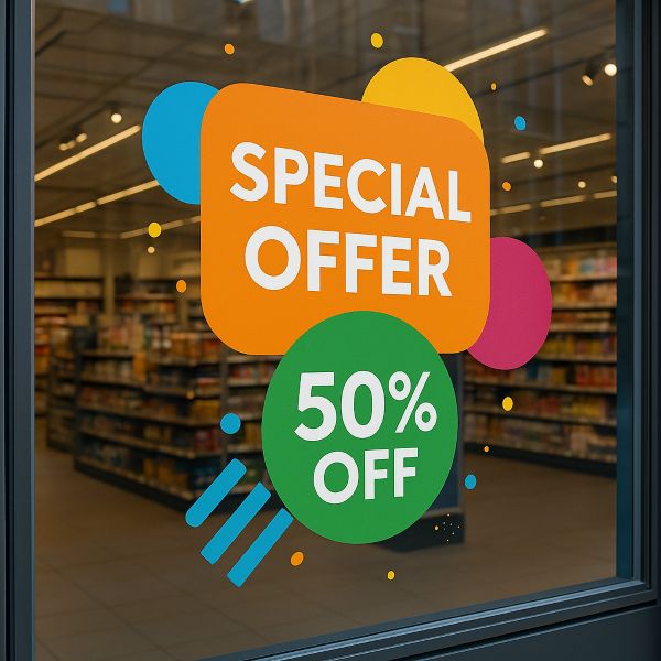 Naklejka promocyjna „Special Offer 50% Off” umieszczona na witrynie sklepu, z widoczną ekspozycją wewnątrz sklepu