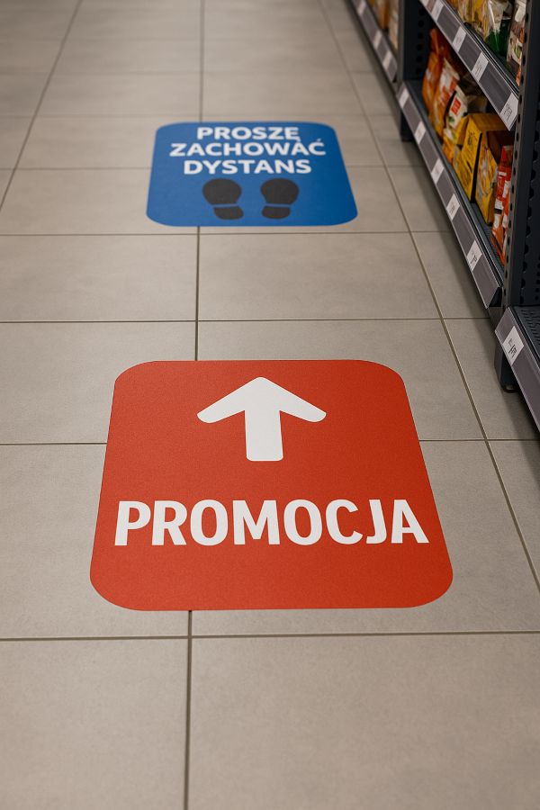 Dwie naklejki podłogowe z komunikatami „Promocja” i „Proszę zachować dystans” umieszczone na podłodze sklepowej między regałami