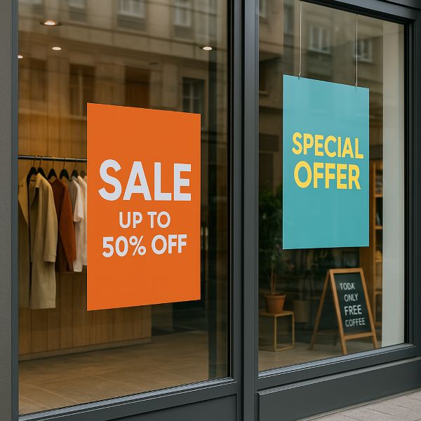 Plakaty do witryn z hasłami promocyjnymi zawieszone na szybie sklepu odzieżowego i punktu usługowego