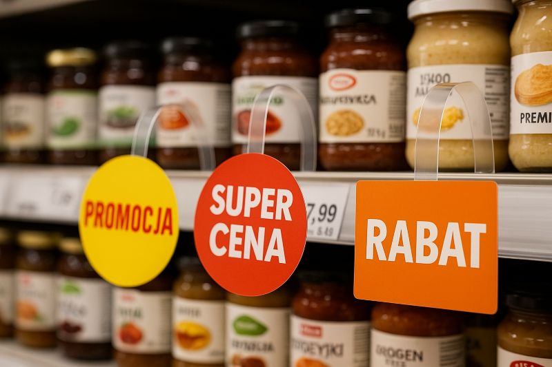 Trzy kolorowe woblery z napisami „PROMOCJA”, „SUPER CENA” i „RABAT” zawieszone na półce sklepowej przy produktach spożywczych