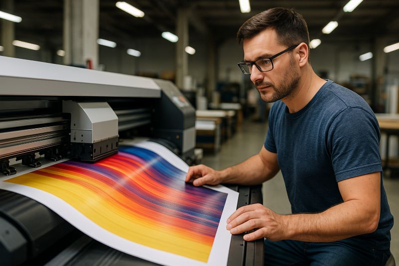 Technik drukarni Centropap obsługujący ploter do druku wielkoformatowego z kolorowym wydrukiem