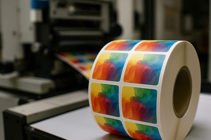 Rola kolorowych etykiet samoprzylepnych po wydruku w drukarni Centropap