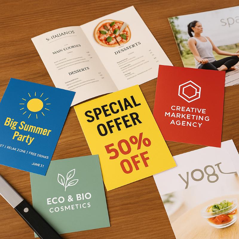 Kolorowe ulotki reklamowe rozłożone na stole, zróżnicowane formaty i projekty graficzne